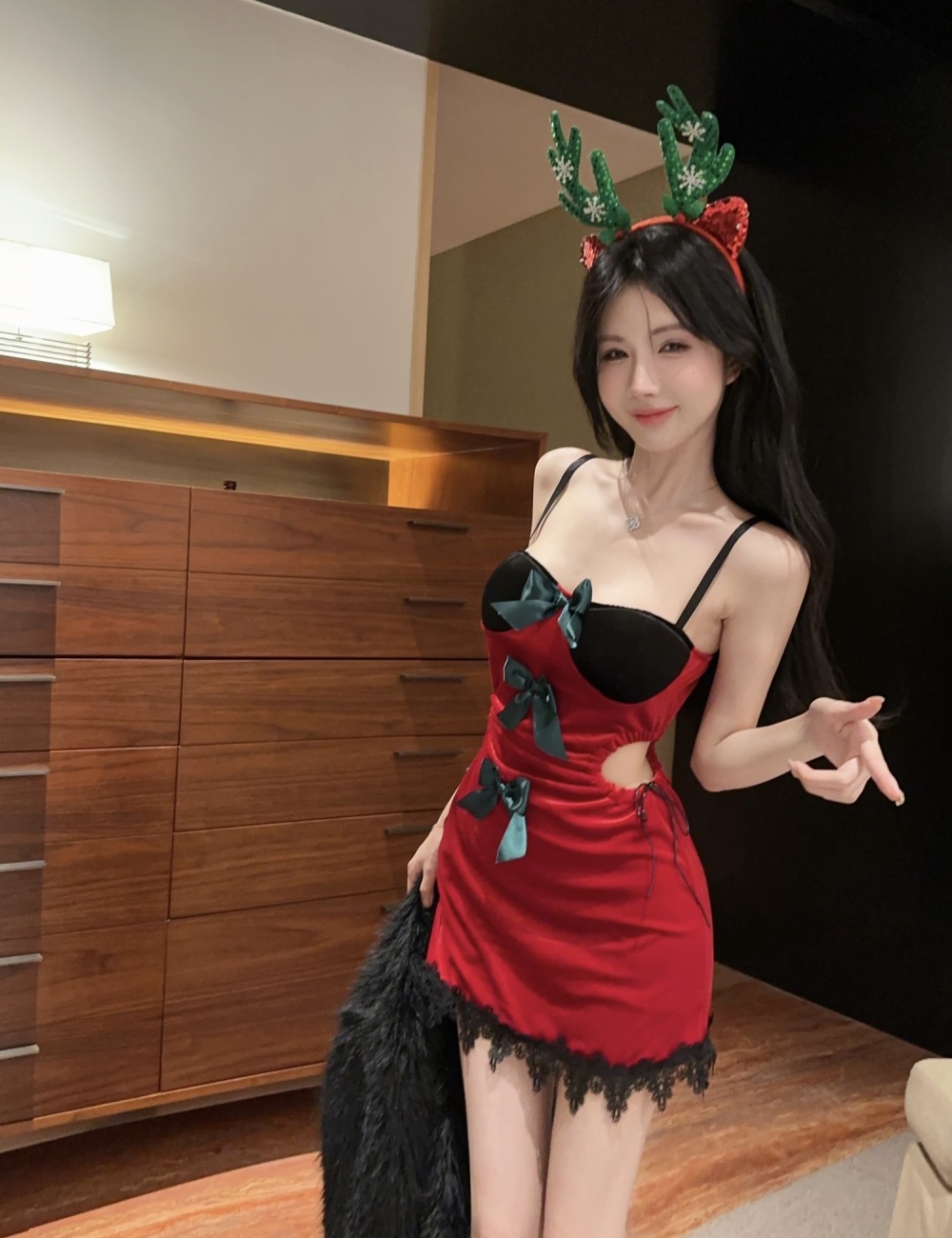 Hollow mixed colors velvet christmas sexy fashion dress