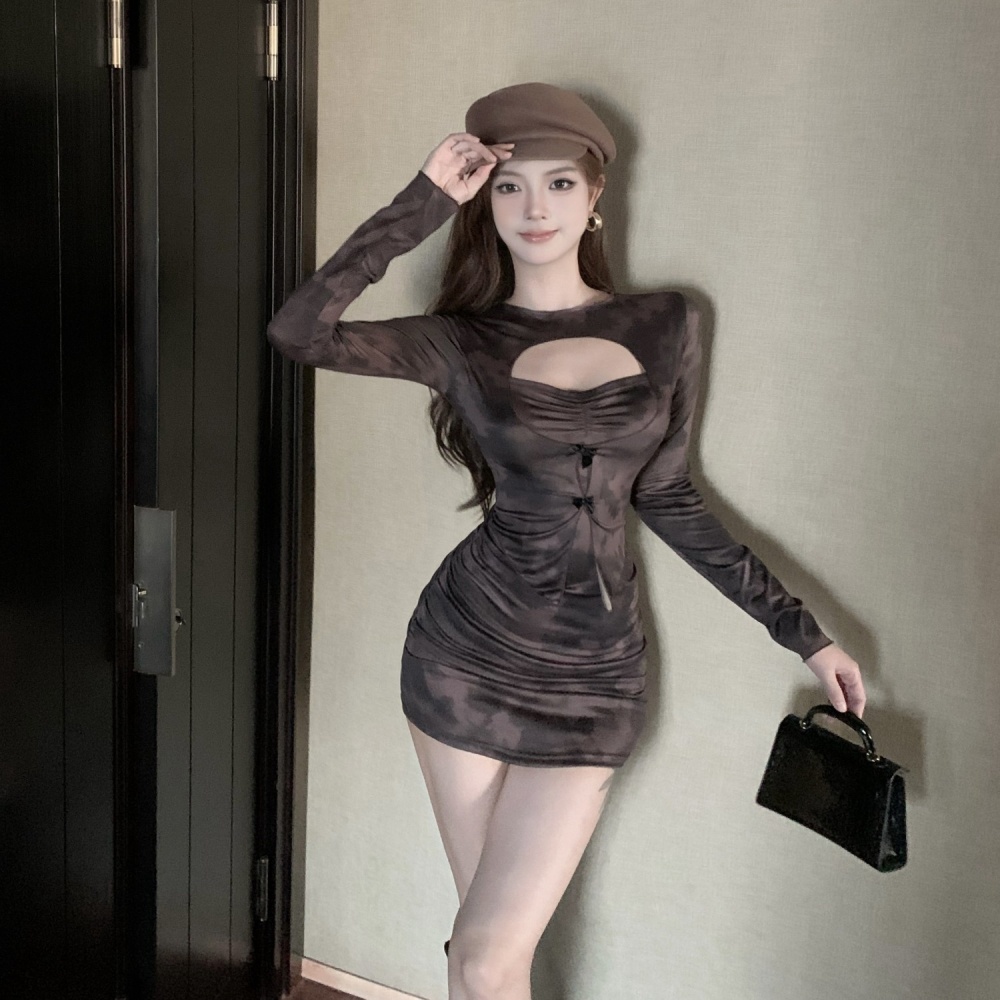 Slim hollow package hip long sleeve dress for women