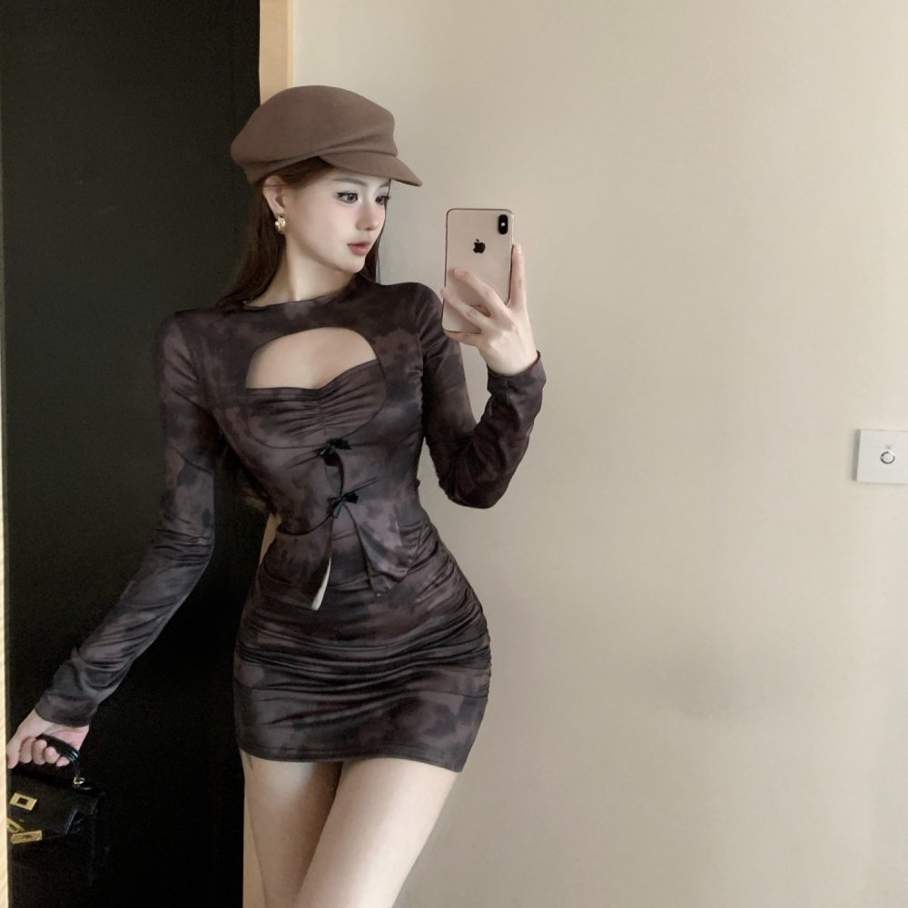 Slim hollow package hip long sleeve dress for women