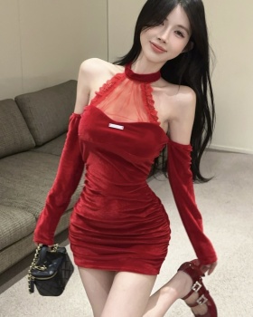 Sexy spicegirl slim package hip red velvet dress