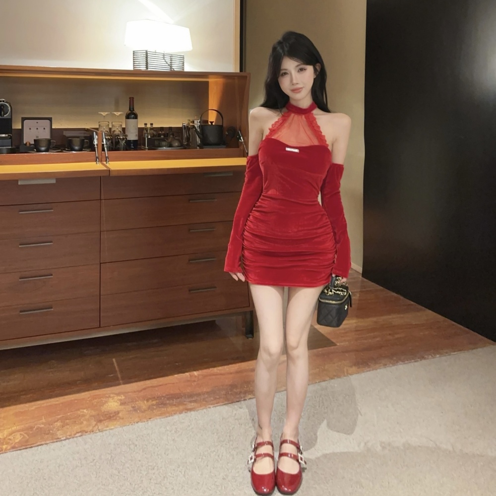 Sexy spicegirl slim package hip red velvet dress