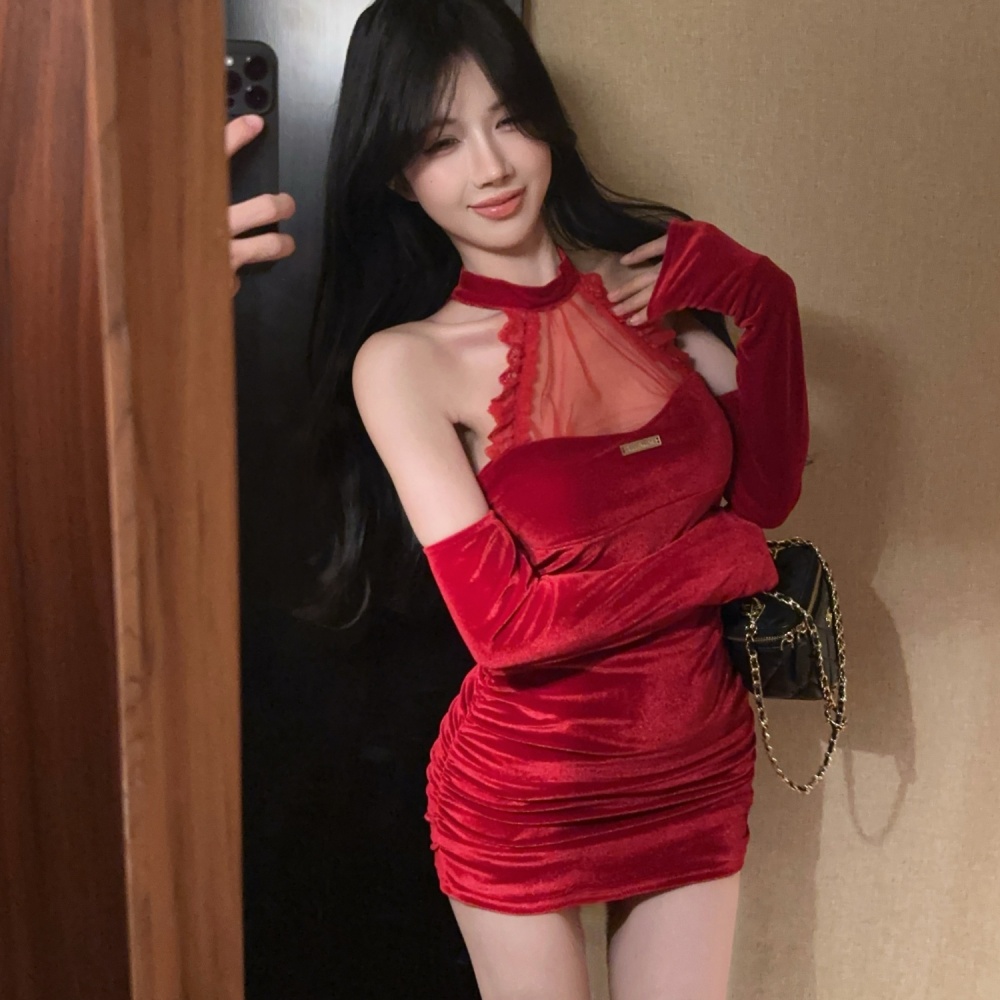 Sexy spicegirl slim package hip red velvet dress