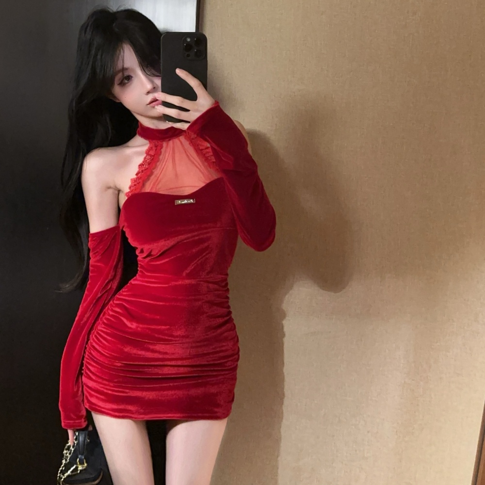 Sexy spicegirl slim package hip red velvet dress