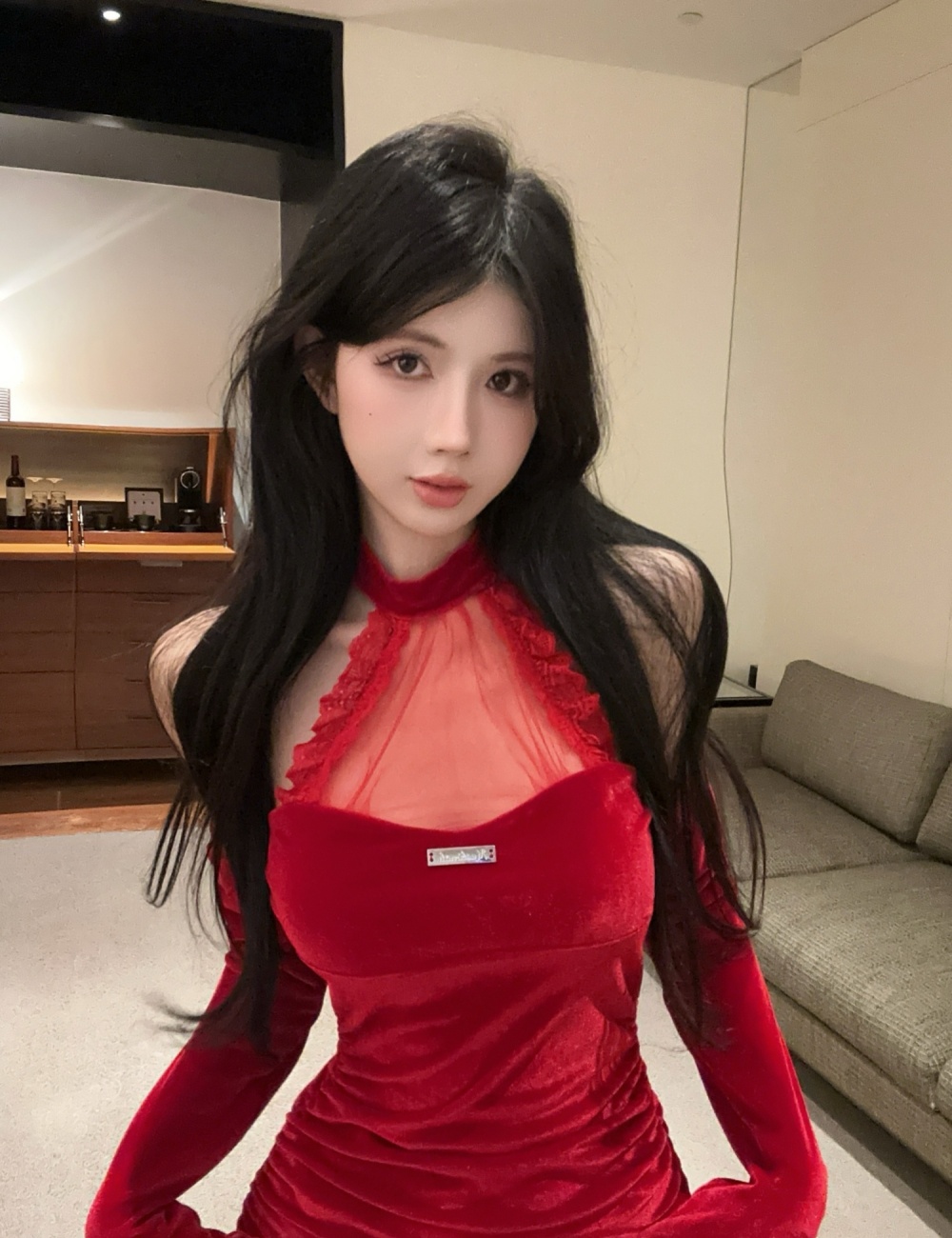 Sexy spicegirl slim package hip red velvet dress