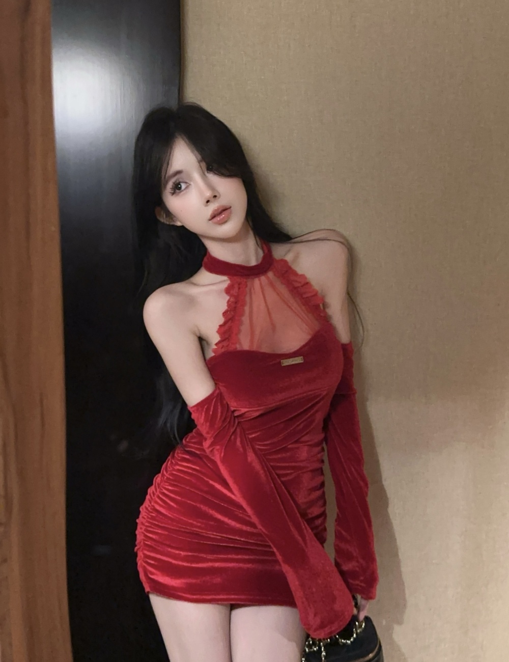 Sexy spicegirl slim package hip red velvet dress