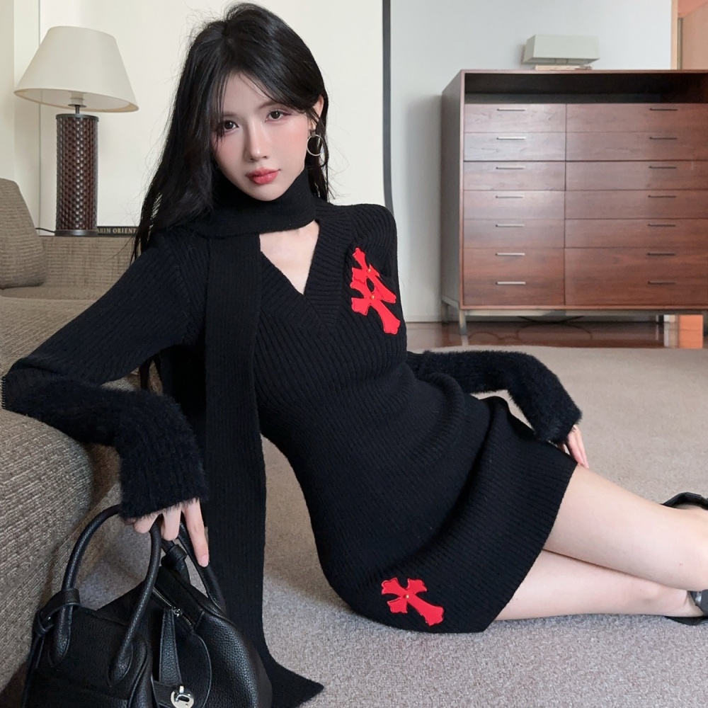 Thick knitted dress package hip slim sweater for women