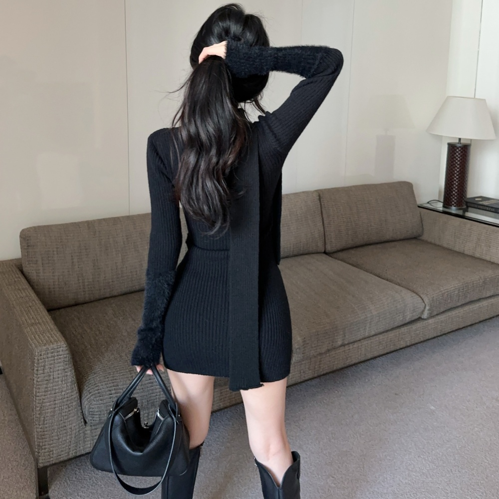 Thick knitted dress package hip slim sweater for women