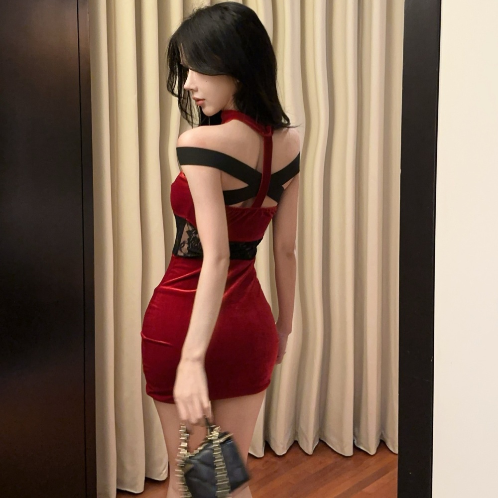 Tight velvet package hip red sexy hollow dress