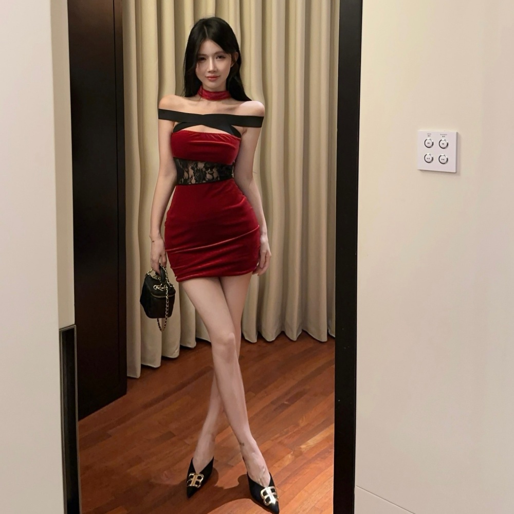 Tight velvet package hip red sexy hollow dress