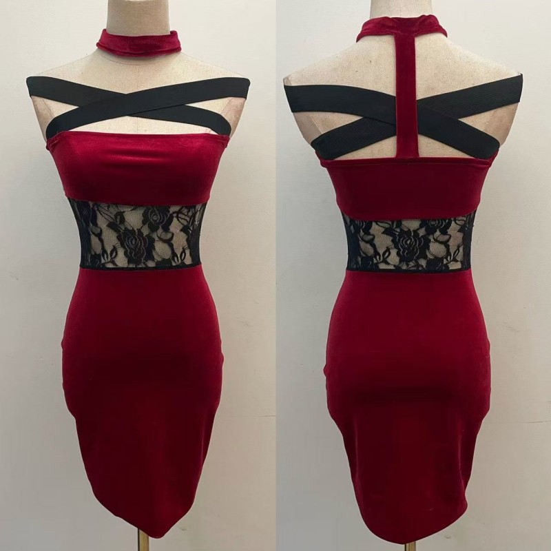 Tight velvet package hip red sexy hollow dress