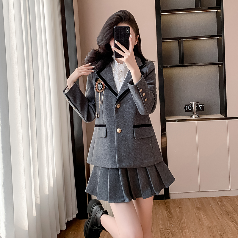 Plus cotton business suit pleated skirt 2pcs set