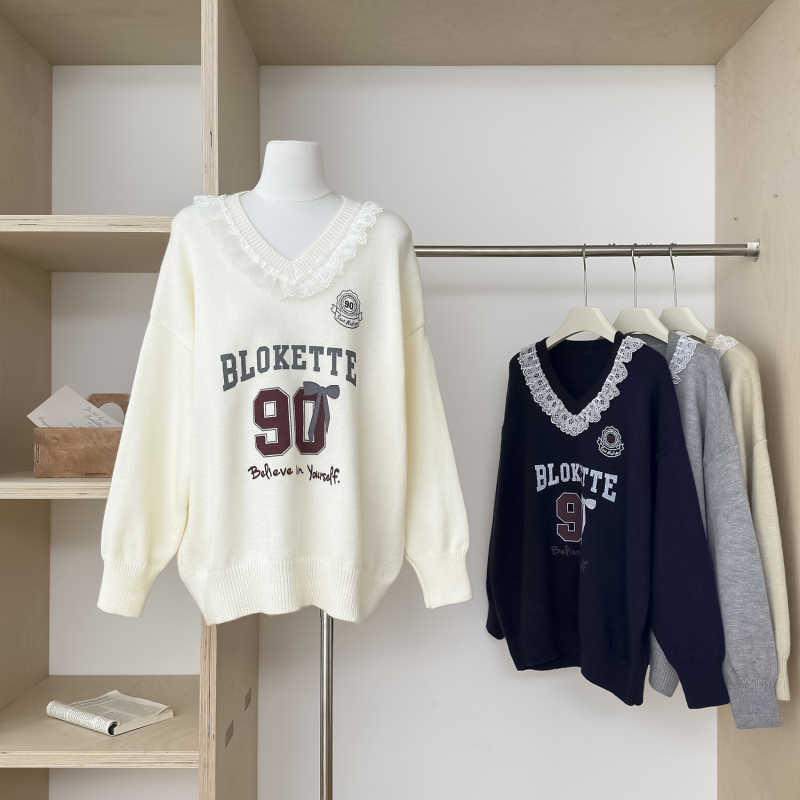 Splice slim letters sweater loose printing tops