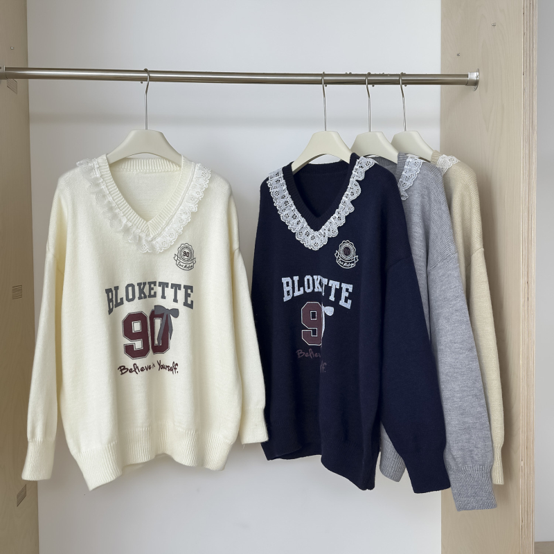 Splice slim letters sweater loose printing tops