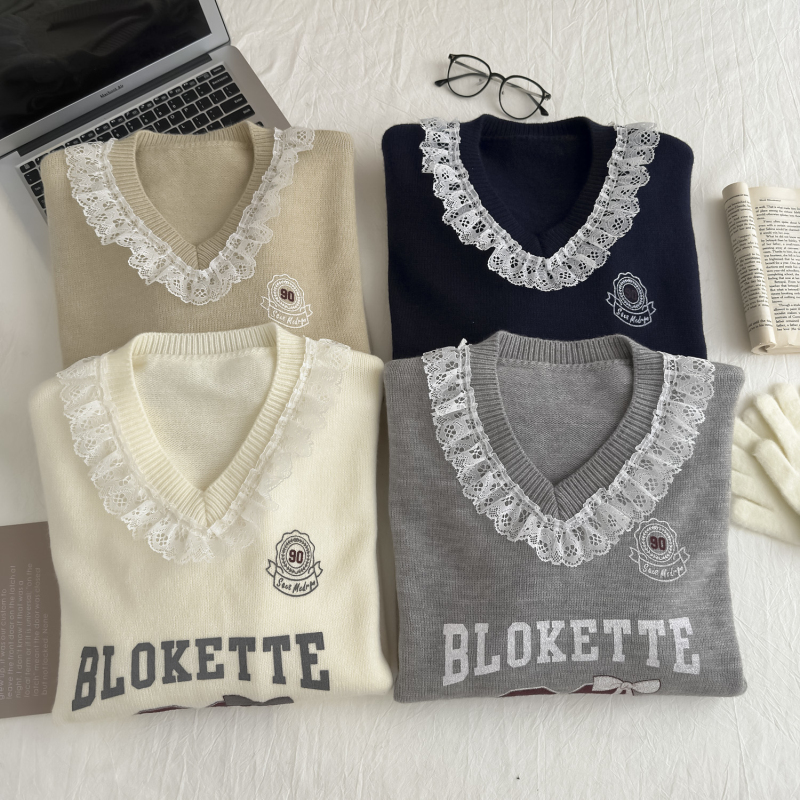 Splice slim letters sweater loose printing tops