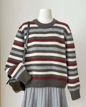 Loose temperament sweater stripe round neck tops for women