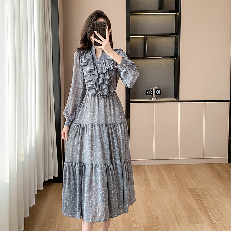 Light luxury printing dress spring Korean style long dress