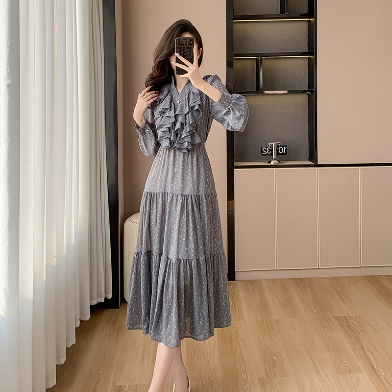 Light luxury printing dress spring Korean style long dress