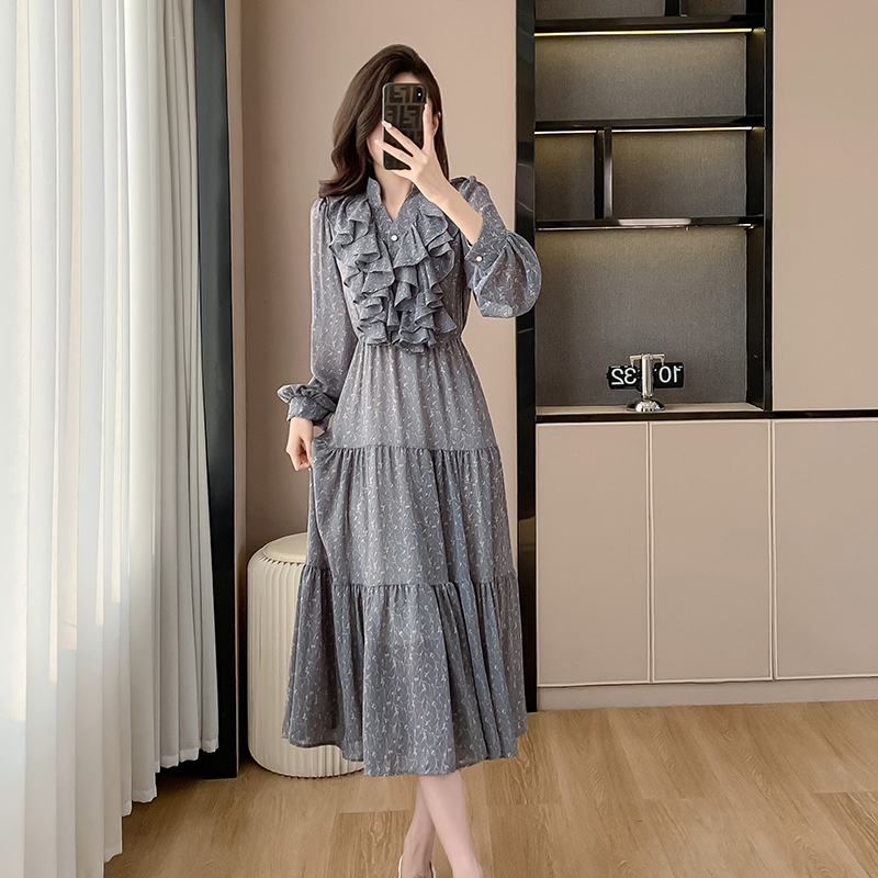 Light luxury printing dress spring Korean style long dress