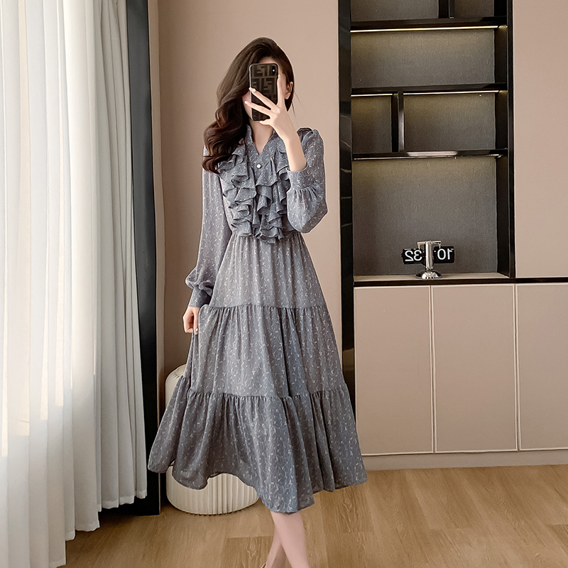 Light luxury printing dress spring Korean style long dress