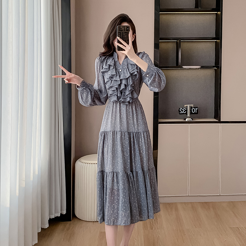 Light luxury printing dress spring Korean style long dress