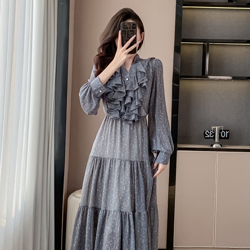 Light luxury printing dress spring Korean style long dress