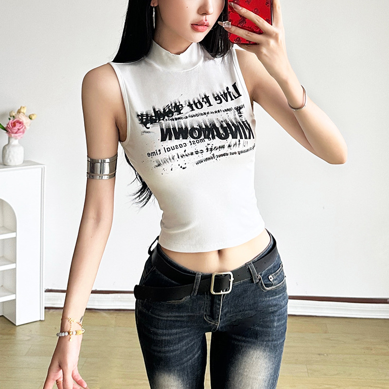 Printing winter vest slim half high collar tops