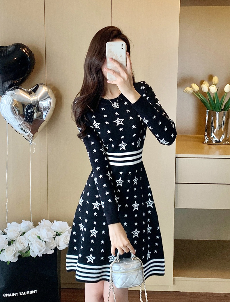 Temperament long sleeve dress A-line knitted sweater dress