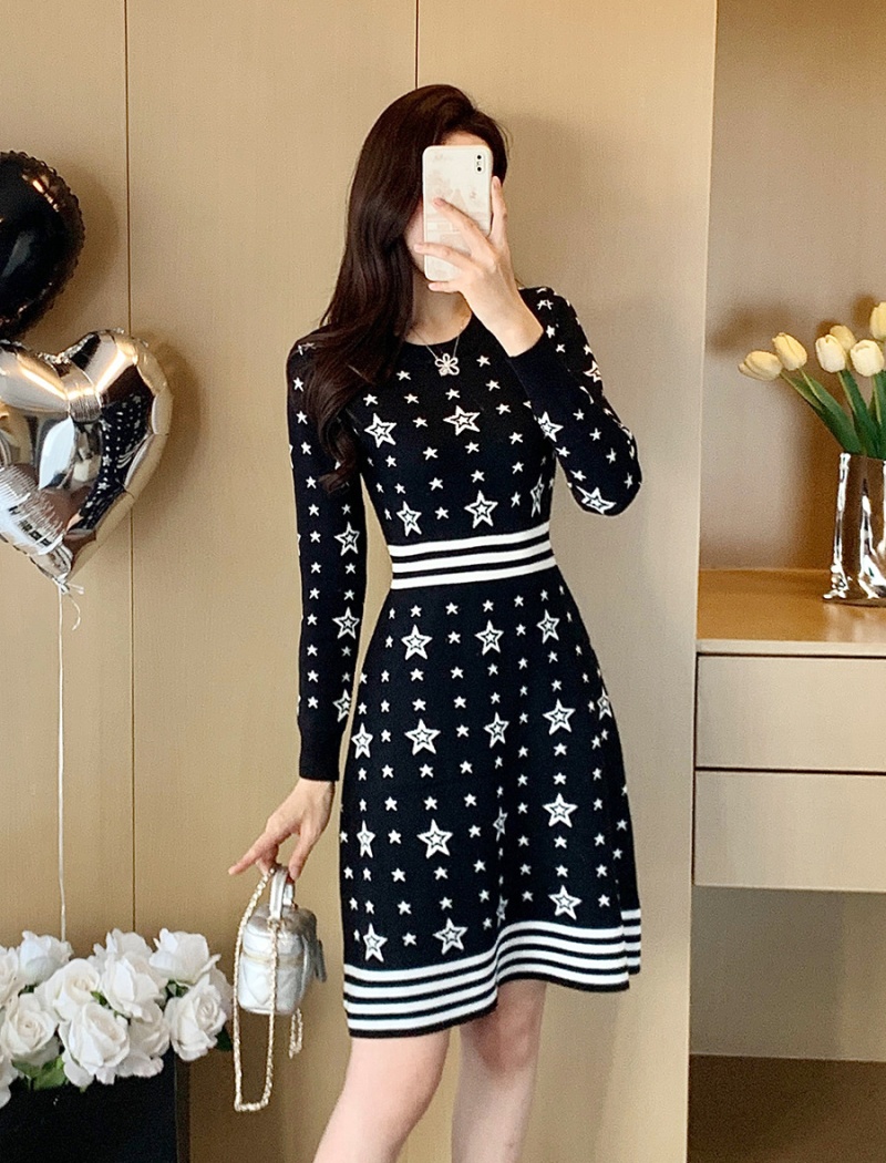 Temperament long sleeve dress A-line knitted sweater dress