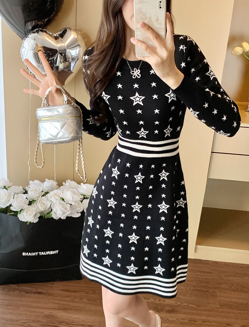 Temperament long sleeve dress A-line knitted sweater dress