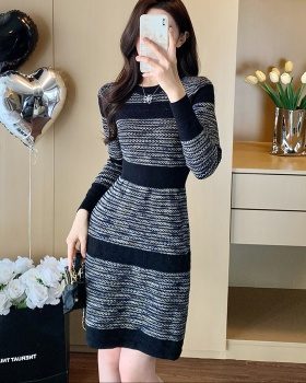 Mixed colors long sleeve dress jacquard sweater dress