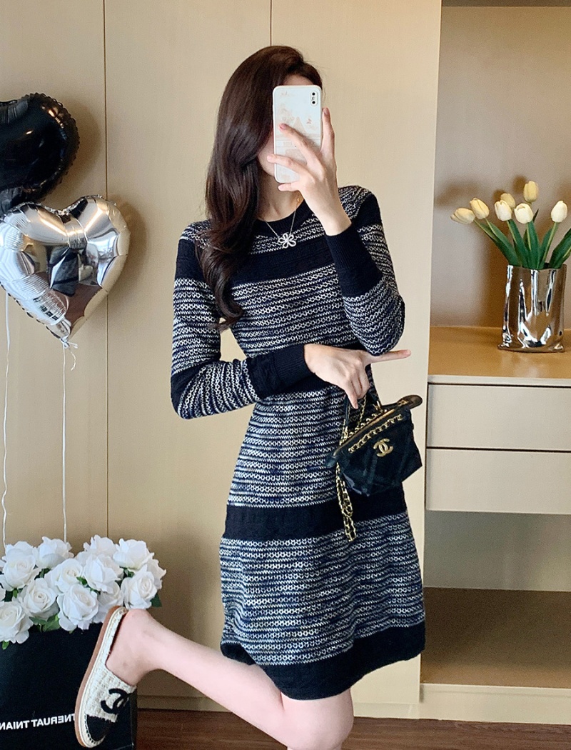 Mixed colors long sleeve dress jacquard sweater dress