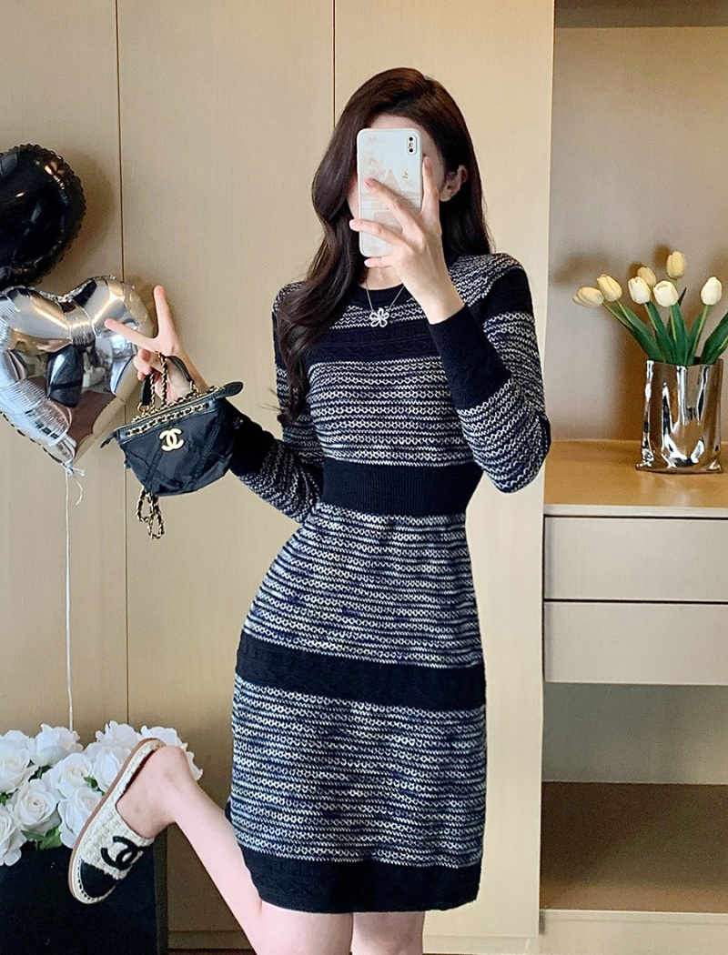 Mixed colors long sleeve dress jacquard sweater dress