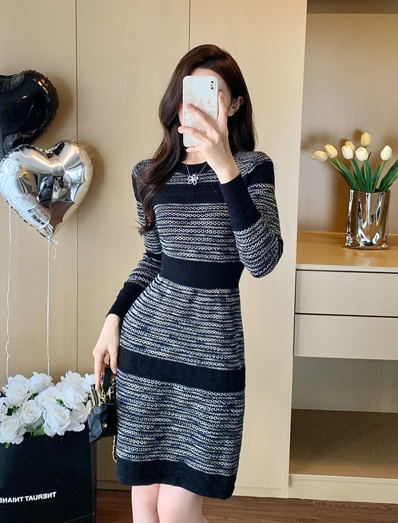 Mixed colors long sleeve dress jacquard sweater dress