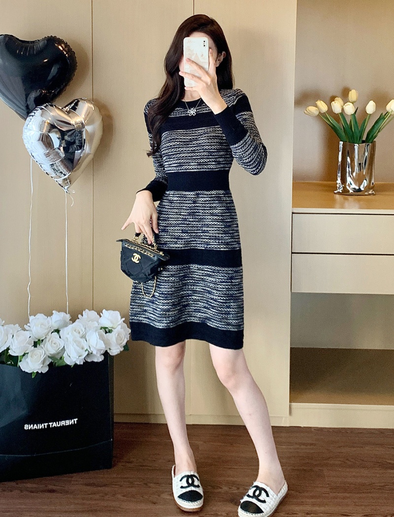 Mixed colors long sleeve dress jacquard sweater dress