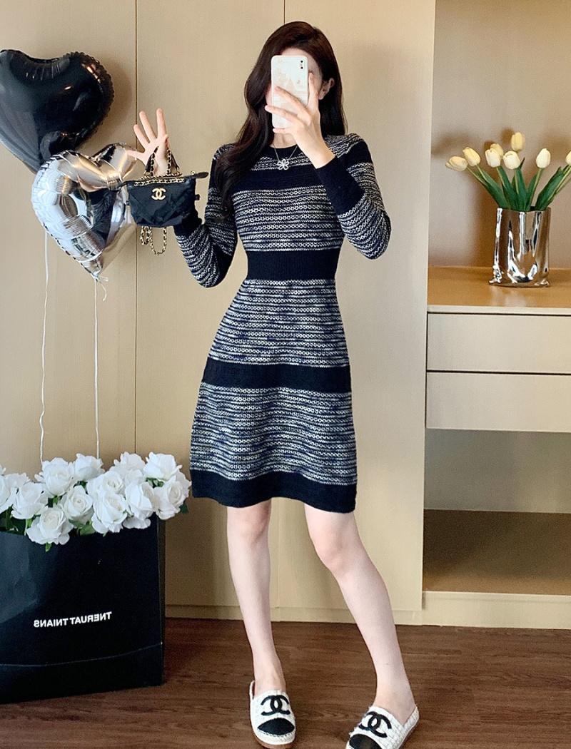 Mixed colors long sleeve dress jacquard sweater dress