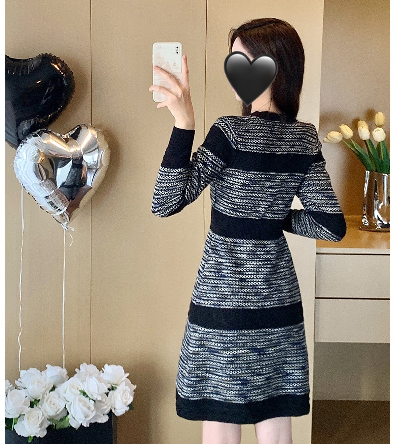 Mixed colors long sleeve dress jacquard sweater dress