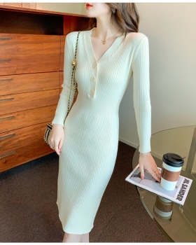 V-neck exceed knee dress autumn slim sweater for women