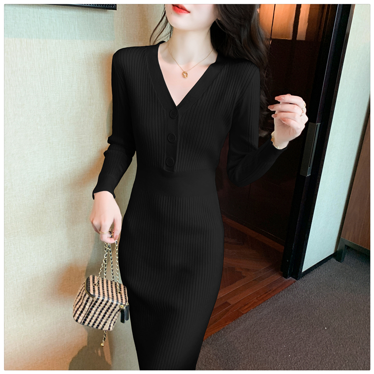 V-neck exceed knee dress autumn slim sweater for women