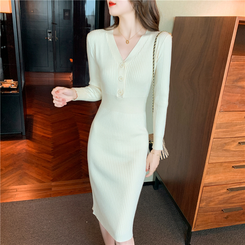 V-neck exceed knee dress autumn slim sweater for women