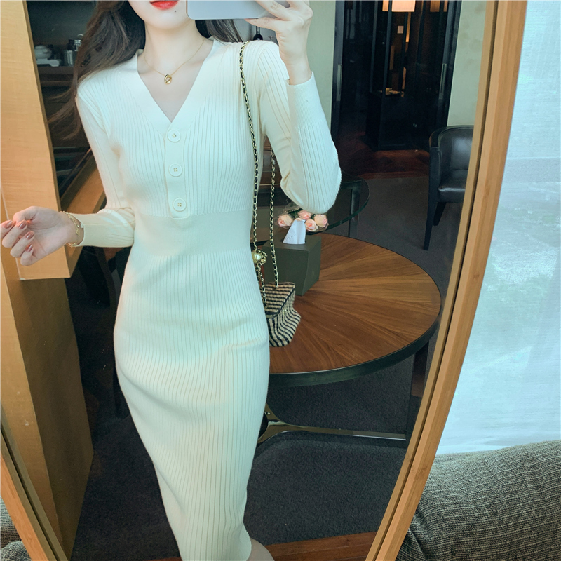 V-neck exceed knee dress autumn slim sweater for women