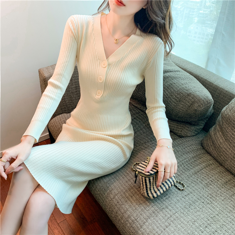 V-neck exceed knee dress autumn slim sweater for women