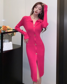 Package hip split was white knitted rose-red slim dress