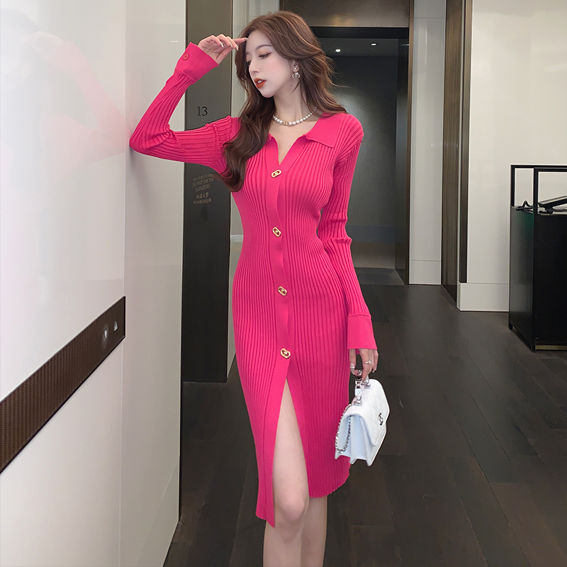 Package hip split was white knitted rose-red slim dress