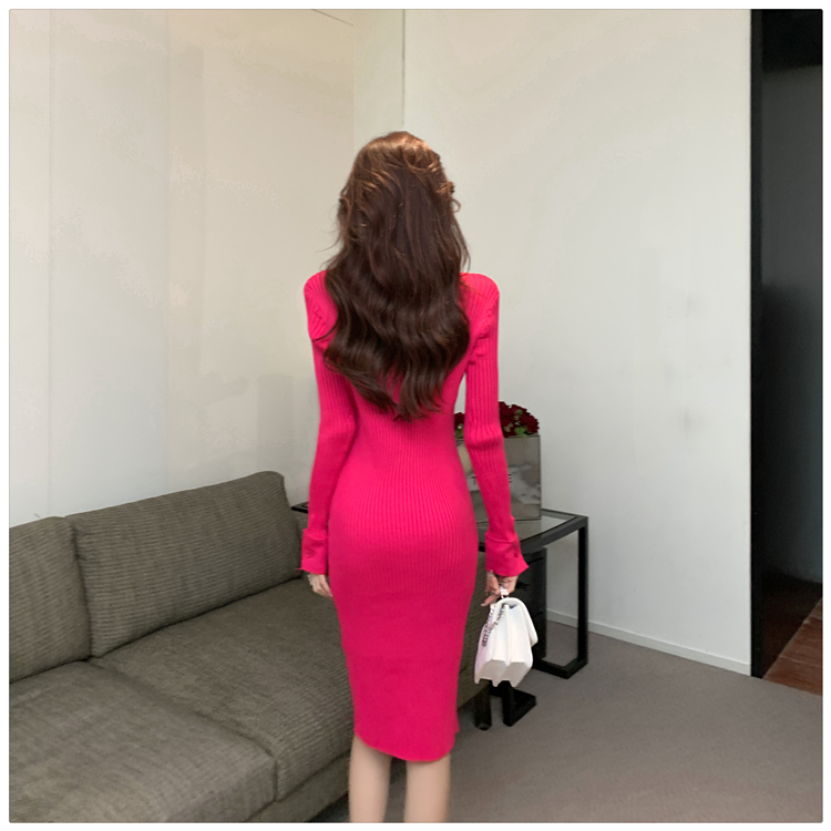 Package hip split was white knitted rose-red slim dress