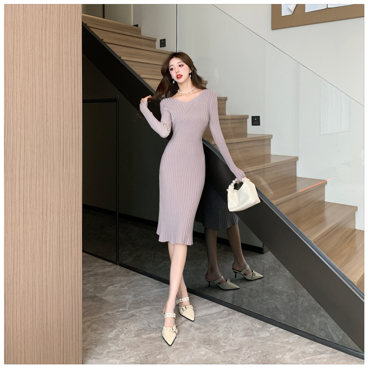 Slim V-neck knitted autumn long sleeve retro dress