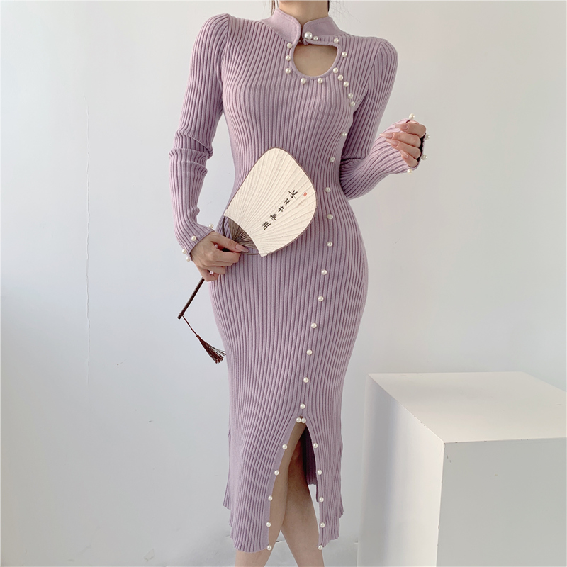 Package hip knitted overcoat beading bottoming cheongsam