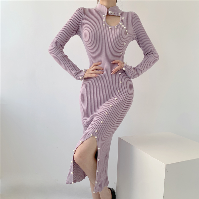 Package hip knitted overcoat beading bottoming cheongsam