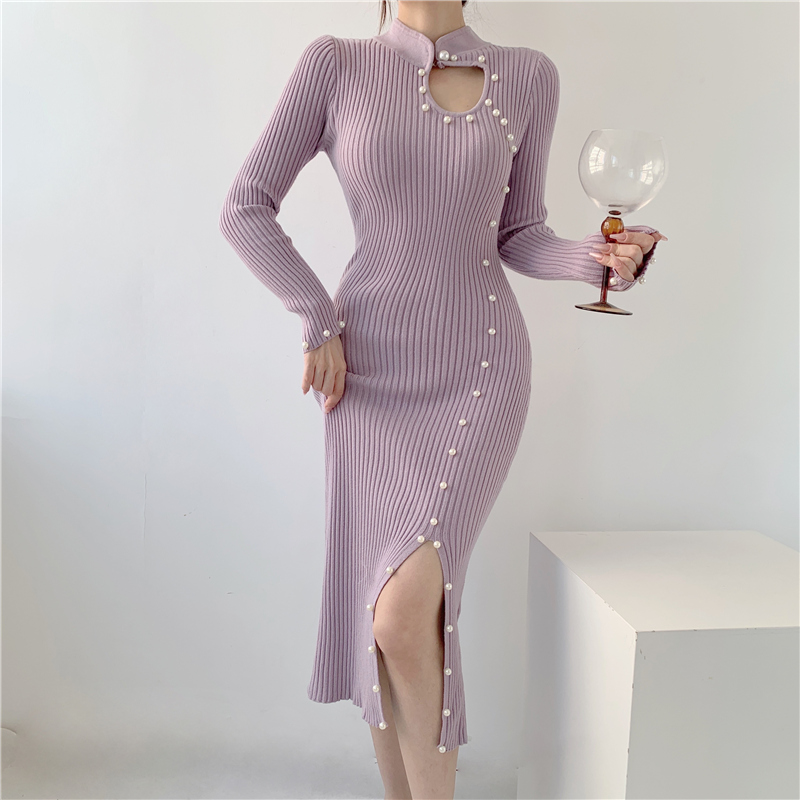 Package hip knitted overcoat beading bottoming cheongsam