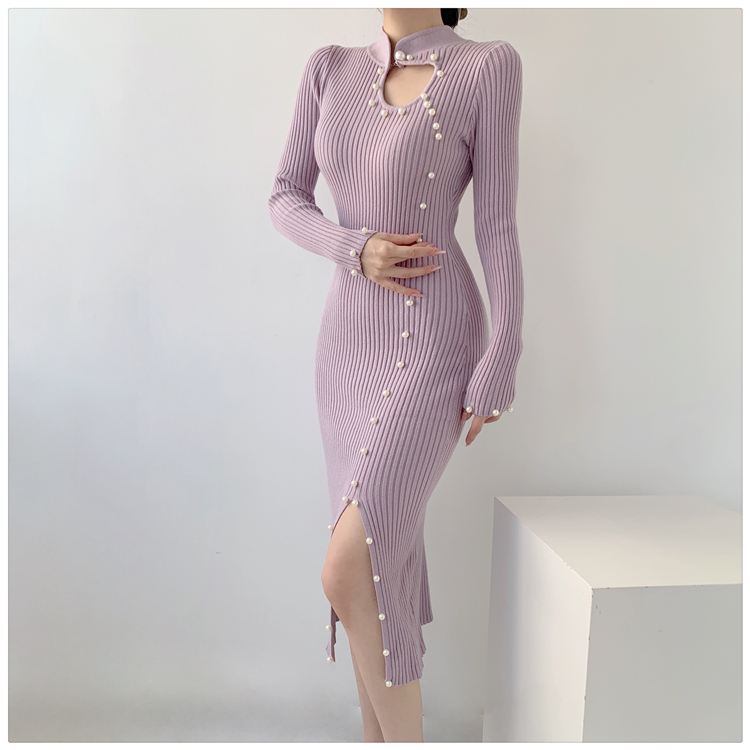 Package hip knitted overcoat beading bottoming cheongsam