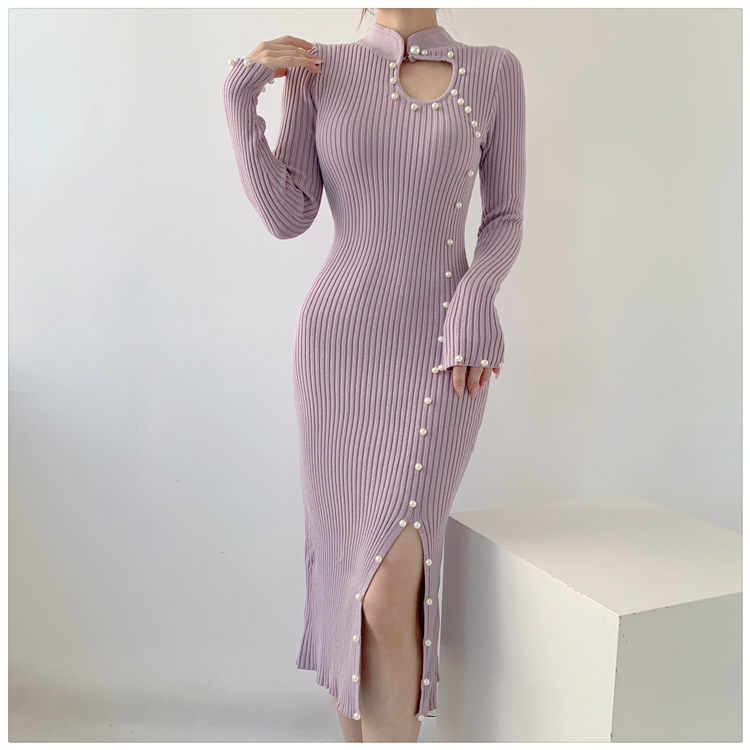 Package hip knitted overcoat beading bottoming cheongsam